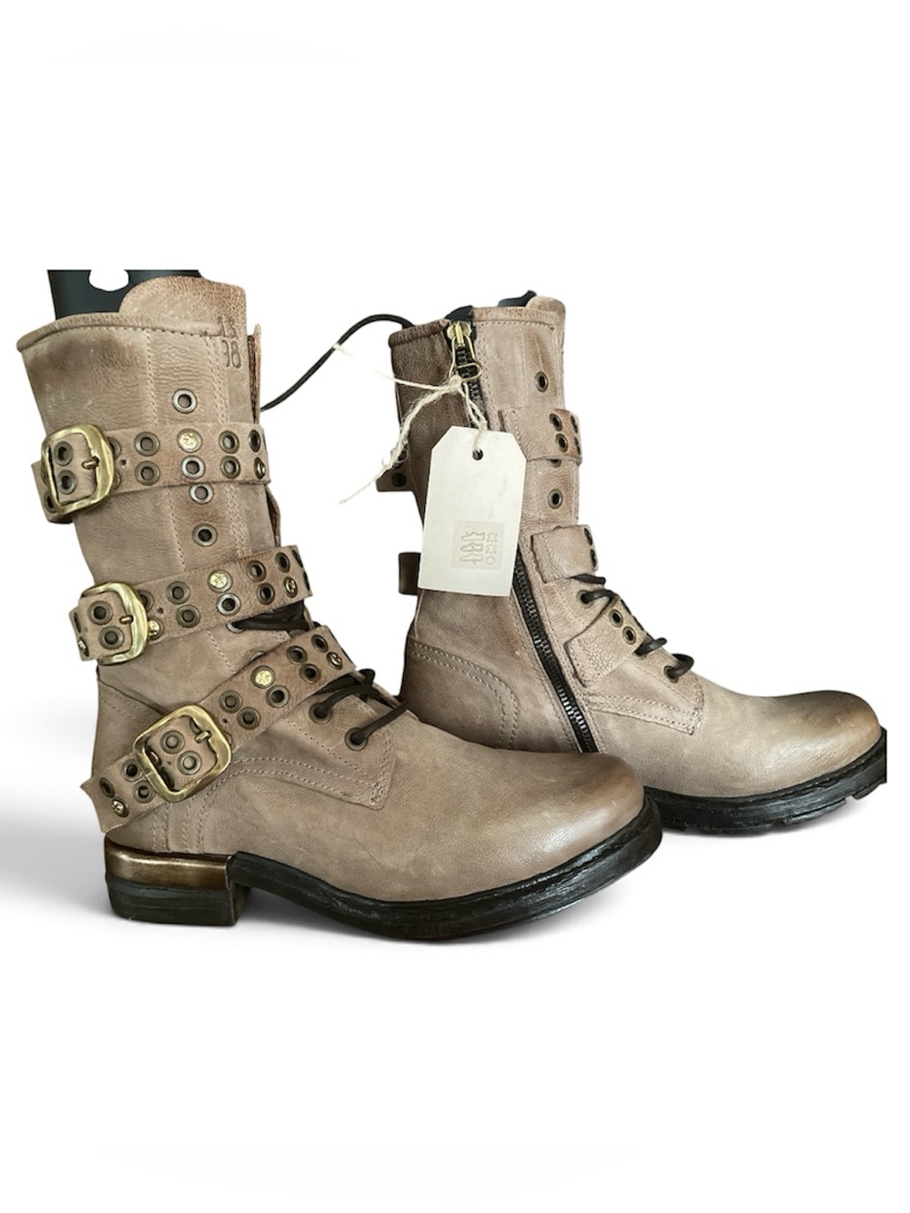 A.S.98 Taupe Buckle & Stud Combat Boots